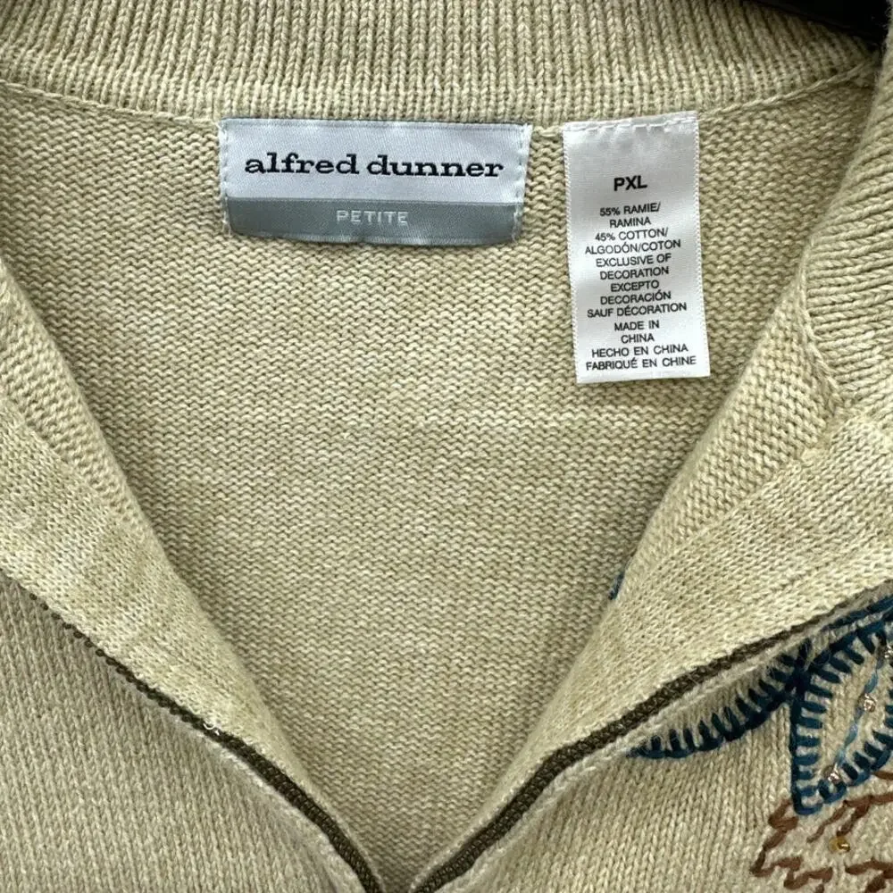 Alfred Dunner Leaf Applique Zip Cardigan Women Extra Large Petite Tan Beaded